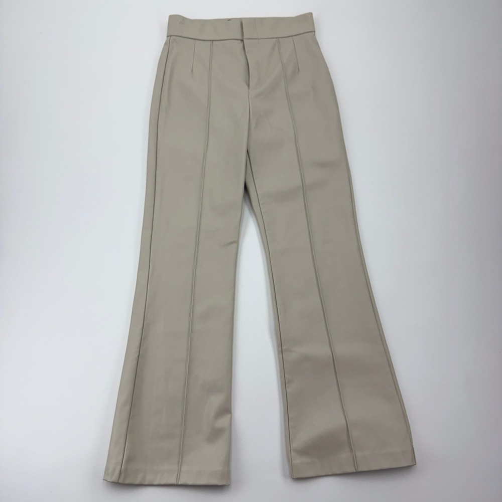 Zara Women Beige Faux Leather High Waisted Flared Seamed Pants XS 8338/223/805